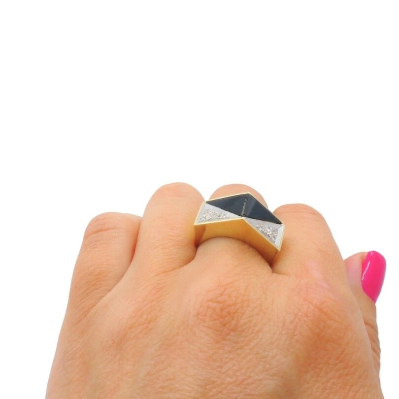 Vintage Geometric Ring 14k Gold Onyx Diamond - 4