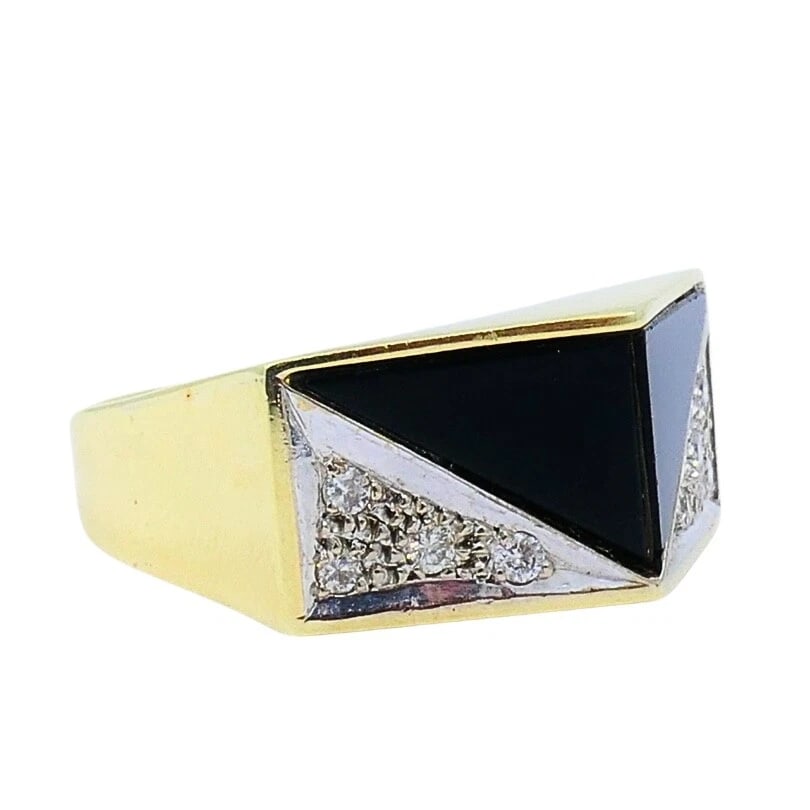 Vintage Geometric Ring 14k Gold Onyx Diamond - 5