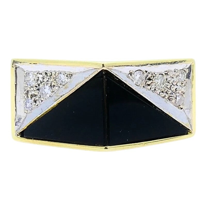 Vintage Geometric Ring 14k Gold Onyx Diamond - 9