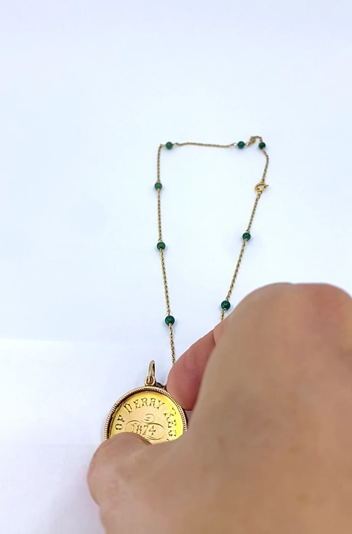 Victorian 14k Gold 1874 Engraved Coin Pendant Necklace - 2
