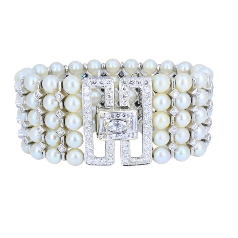 Vintage 1950s 14k White Gold Pearl and Diamond BRACELET Estate Jewelry (1 of 12)