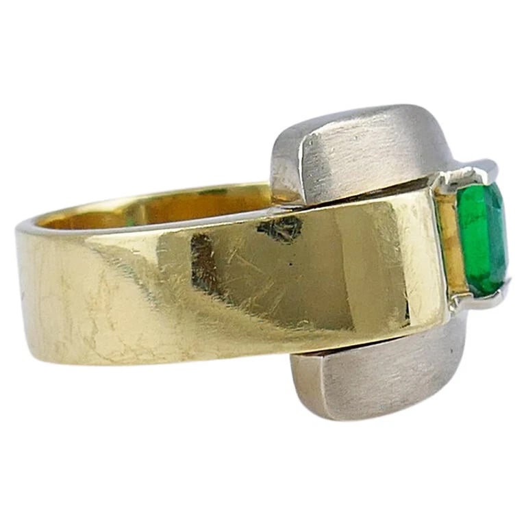 Gubelin Retro Gold RING Buckle Design 18k Emerald Estate Jewelry - 7