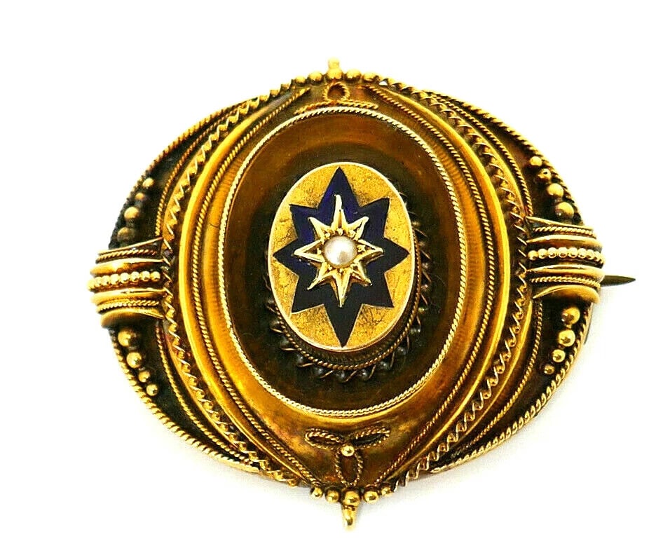 Victorian 14k Yellow Gold Enamel Pearl Brooch Pin Locket (1 of 8)