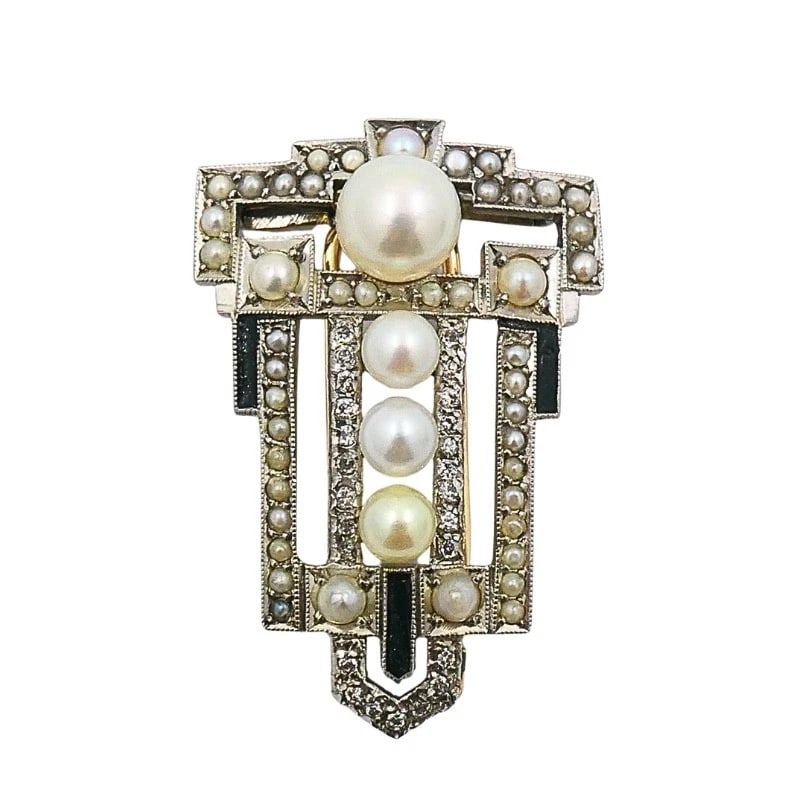 Art Deco Palladium Pearl Diamond Geometric Pin Brooch (1 of 9)