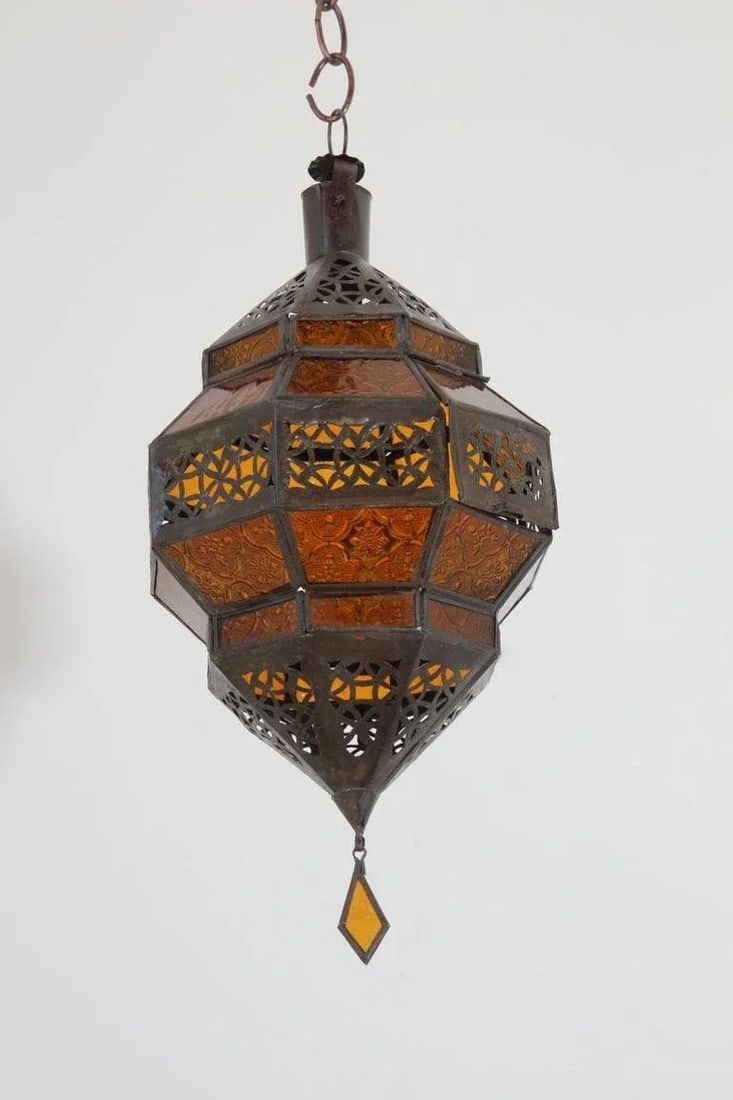 Moroccan Amber Glass Lantern, Octagonal Diamond Shape - 3