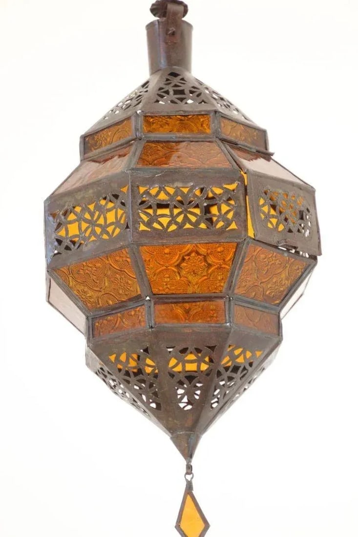 Moroccan Amber Glass Lantern, Octagonal Diamond Shape - 4