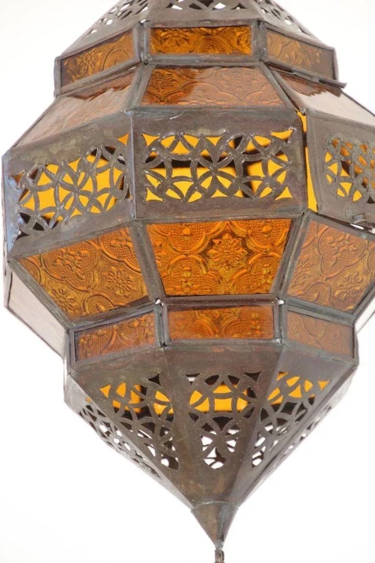 Moroccan Amber Glass Lantern, Octagonal Diamond Shape - 5