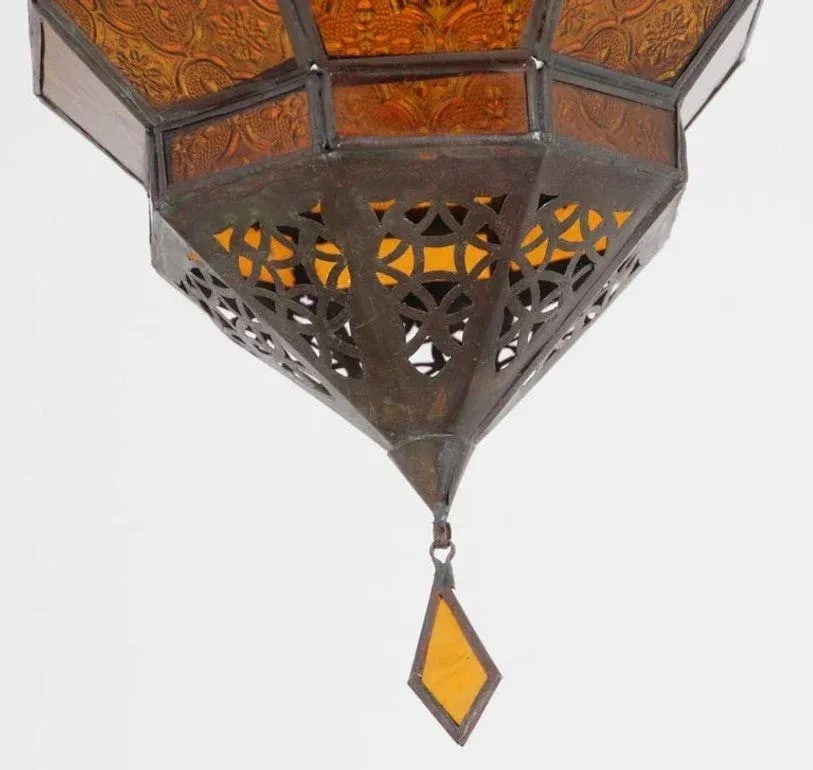 Moroccan Amber Glass Lantern, Octagonal Diamond Shape - 6