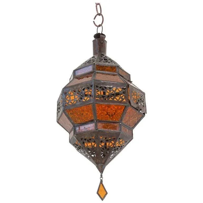 Moroccan Amber Glass Lantern, Octagonal Diamond Shape - 8