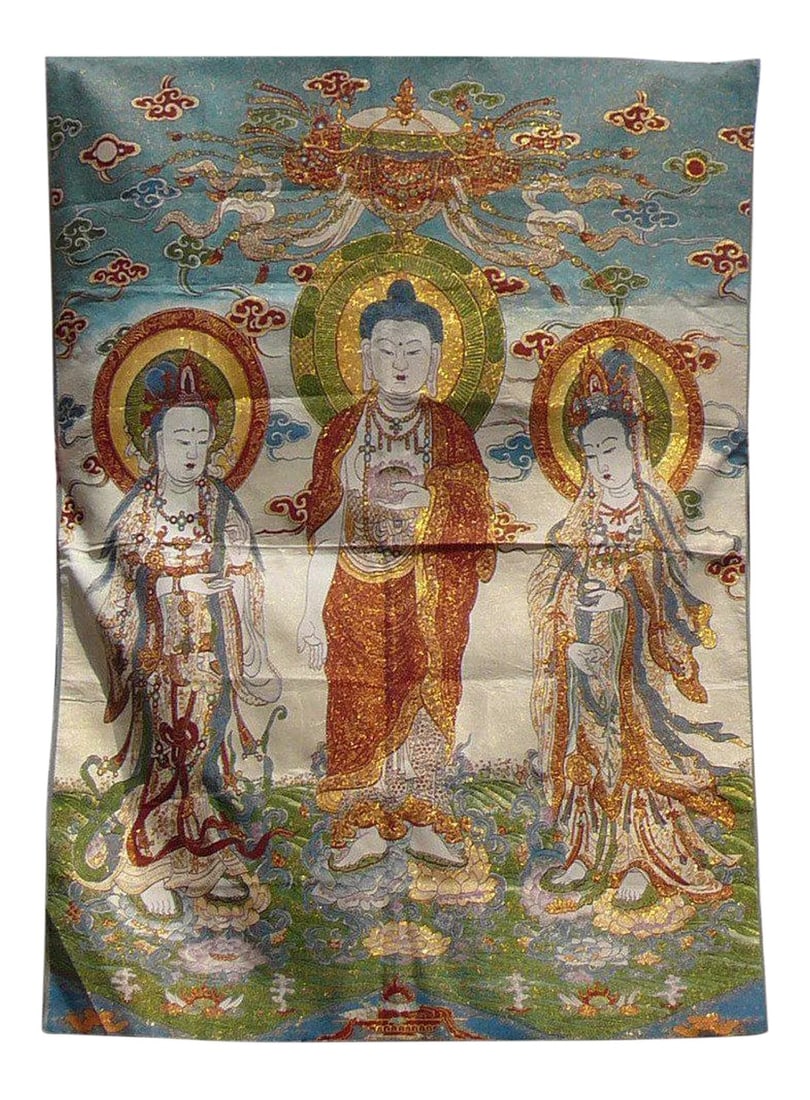 Tapestry Art Chinese Buddha Kwan Yin Loom Graphic cs902: This is a reproduction Chinese Buddha, Kwan Yin three Gods Tapestry art. Dimensions: w54"x h78" Origin: China Material: Synthetic Fiber Condition: Reproduction, handmade & loom machine, not