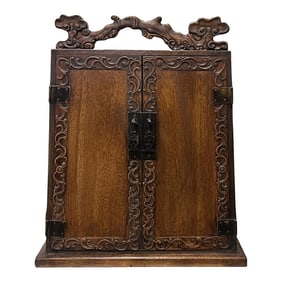 Chinese Distressed Wood RuYi Relief Motif Carved Drawers Box Chest