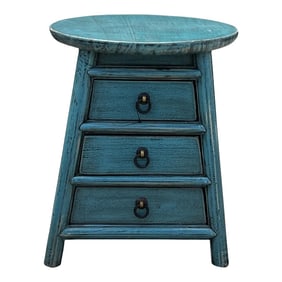 Chinese Distressed Light Blue Round Top Drawers Wood Stool Table