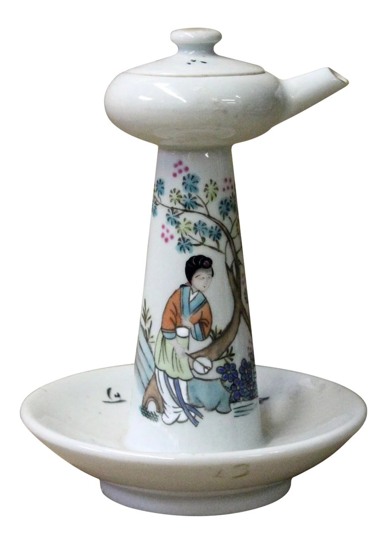 Chinese Ancient Style Porcelain Lady Side Scene Garden Play Drawing Oil Lamp: Handmade Chinese ancient style oil lamp, this lamp is made of porcelain with lady side scene garden play graphics drawing. Well made of character, this is a great collector and display items for home