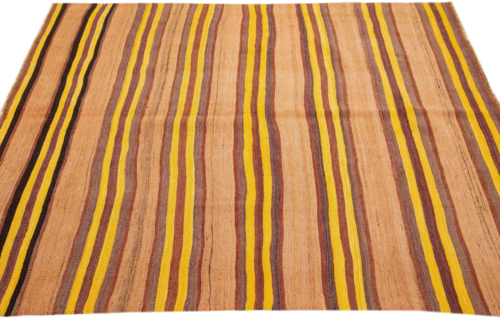 2020s Vintage Kilim Handmade Brown Stripe Wool Rug - 5