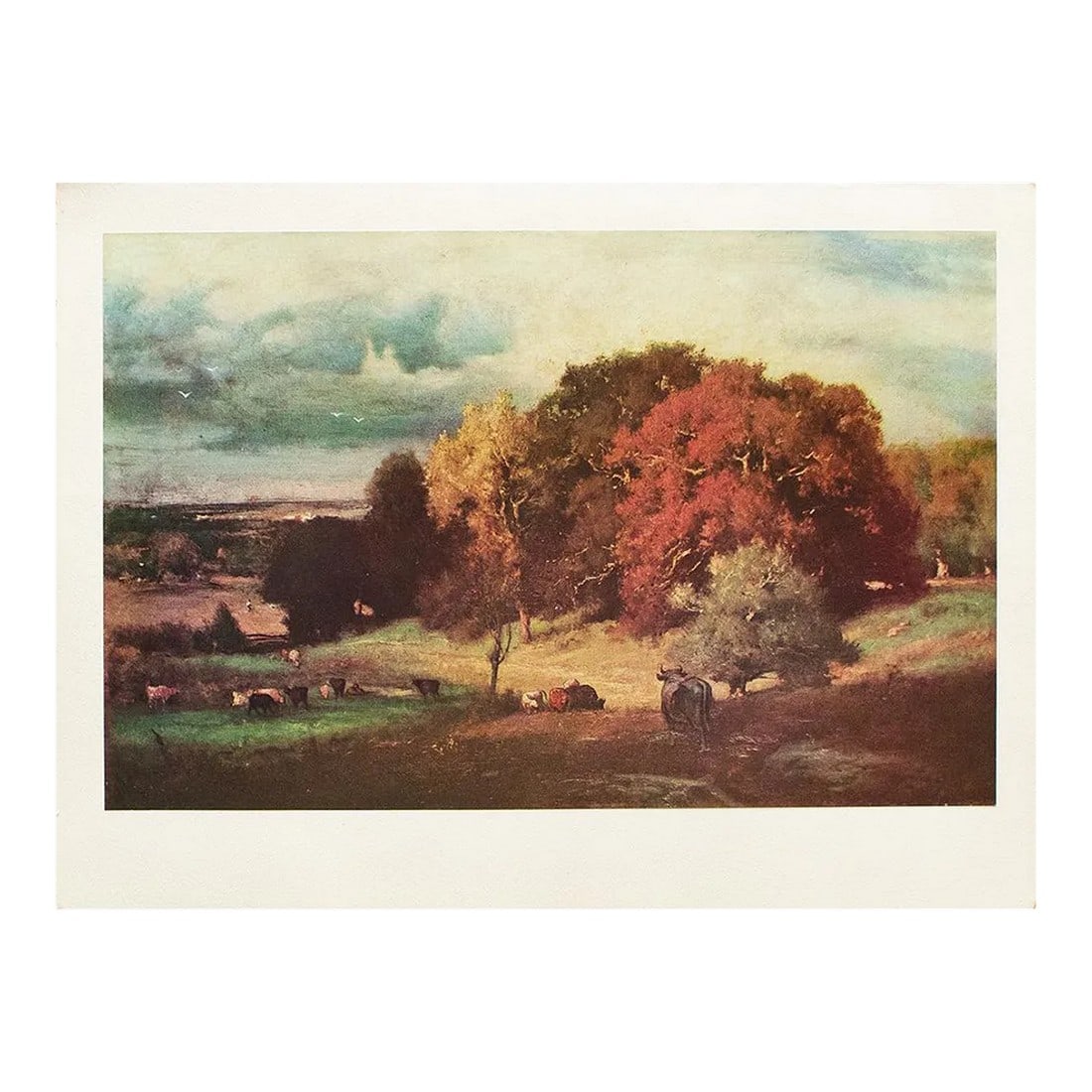 1950s After George Innes, "Autumn Oaks" Full-Color Pirnt: A beautiful reproduction print in full color of painting "Autumn Oaks" by George Innes. Comes from a vintage art portfolio published in the U.S.A, in 1950s. Printed on one side. Hand tipped-in on a