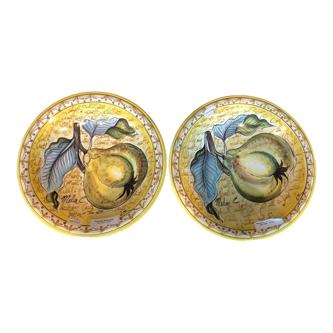 1990s Italian Hand Painted Round Ceramic Pear Wall Plates - a Pair: Hand Painted Round Ceramic Garden Veggies, pear Wall Plate. Signed by artist, Created in Italy. Condition: Alterations: Original Condition Unaltered Imperfections: Some Imperfections Condition