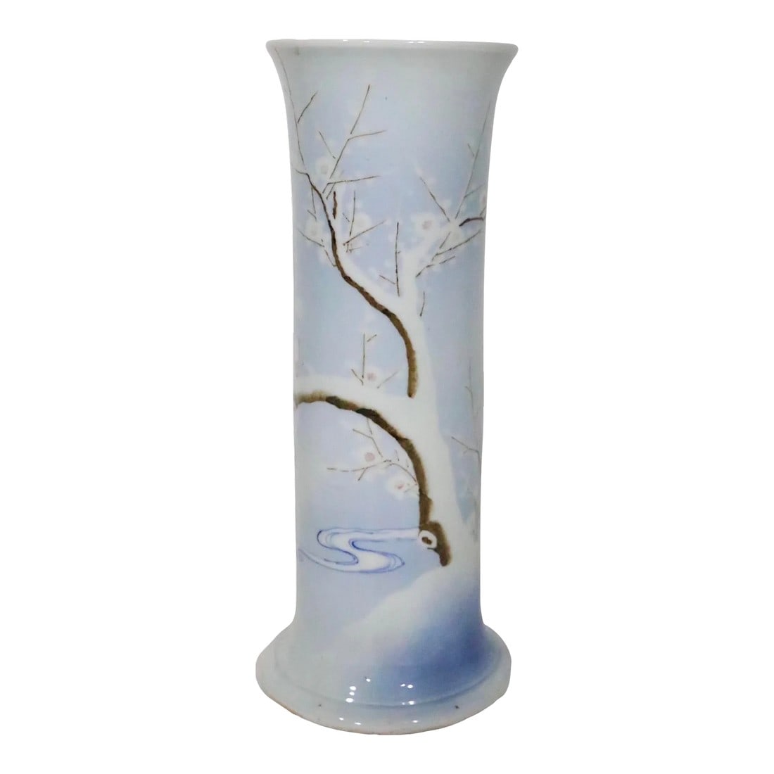 Early 20th C. Blue and White Japanese Ceramic Porcelain Floor Vase Umbrella Cane Stand: Pretty porcelain floor vase, umbrella, or cane stand depicting a Cherry Blossom tree in winter. Nice soft blue and white palette, depicting a classic Eastern themed scene. We believe this piece was Ma
