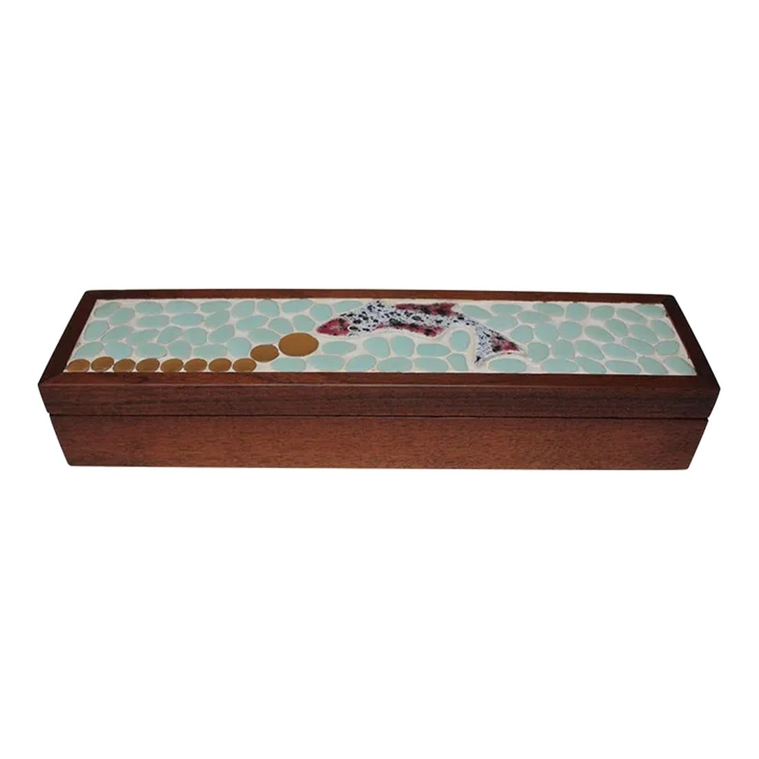 Vintage Handmade Mosaic "Fish" Lidded Walnut Box: Decorative trinket/glove/jewelry box in walnut with hand-applied mosaic fish design. Attractive colors employed and charming subject matter. Light wear, as shown (light glaze loss/minimal wear). H: