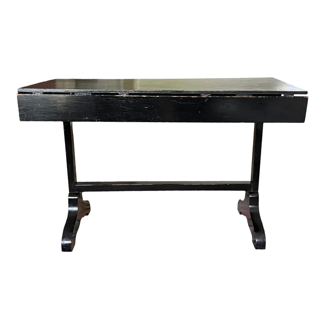 Early 20th Century Antique Console Table: Fabulous black antique side table. Two drop leafs, enlarge the piece. 22.5" depth with one leaf open 26" depth with both leafs open Condition: Alterations: Original Condition Unaltered Imperfections: