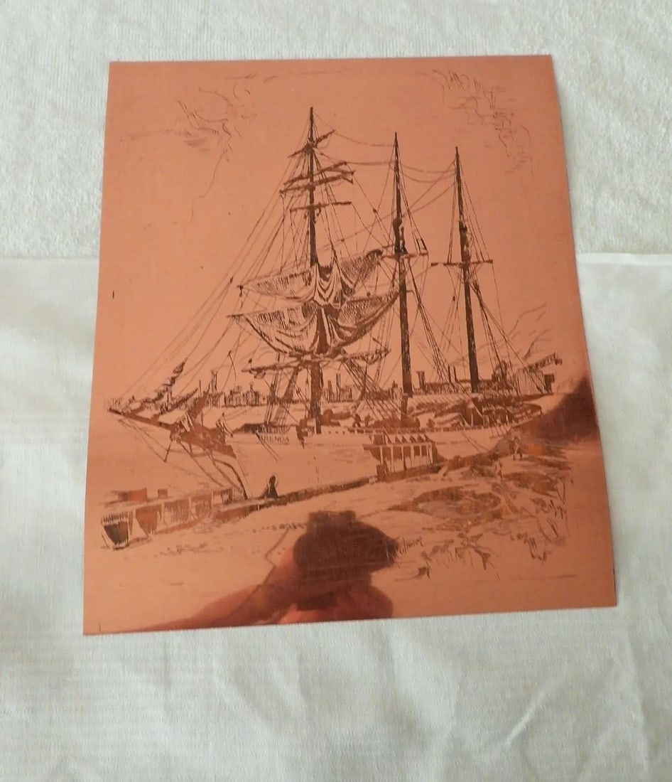 Brenda Sailing Ship British Maritime Copper Etching Print Plate Artist R. Colerion 1877 - 2