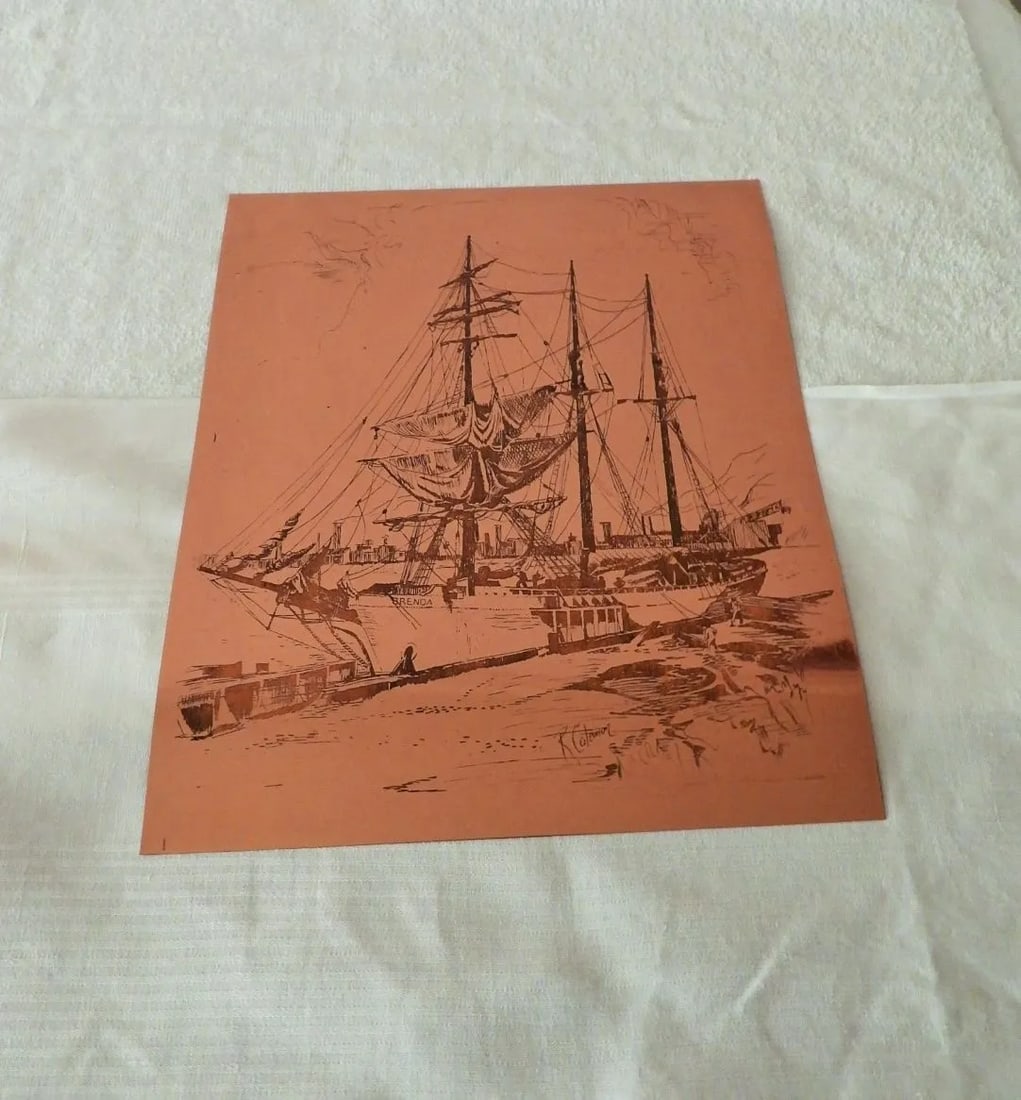 Brenda Sailing Ship British Maritime Copper Etching Print Plate Artist R. Colerion 1877 - 3
