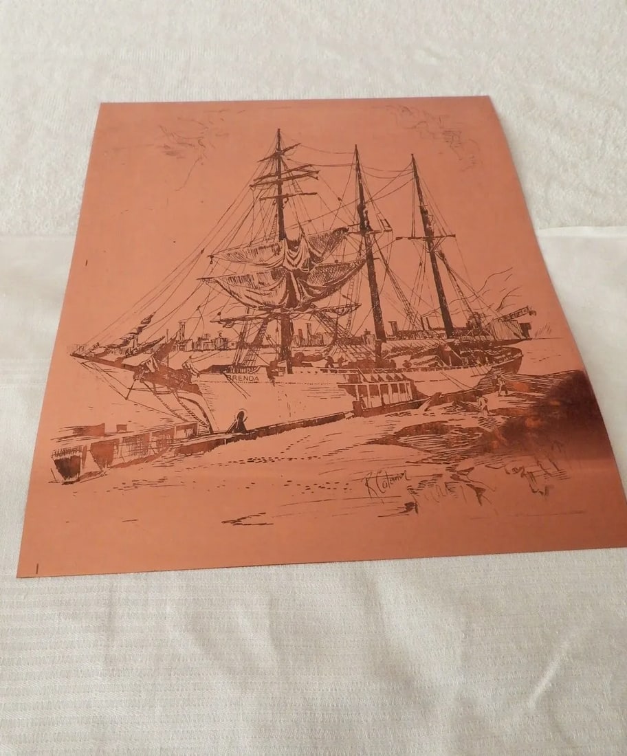 Brenda Sailing Ship British Maritime Copper Etching Print Plate Artist R. Colerion 1877 - 5