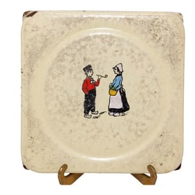 Antique Hand Painted Dutch Theme Enamelware Metal Trivet Collectible 1920's