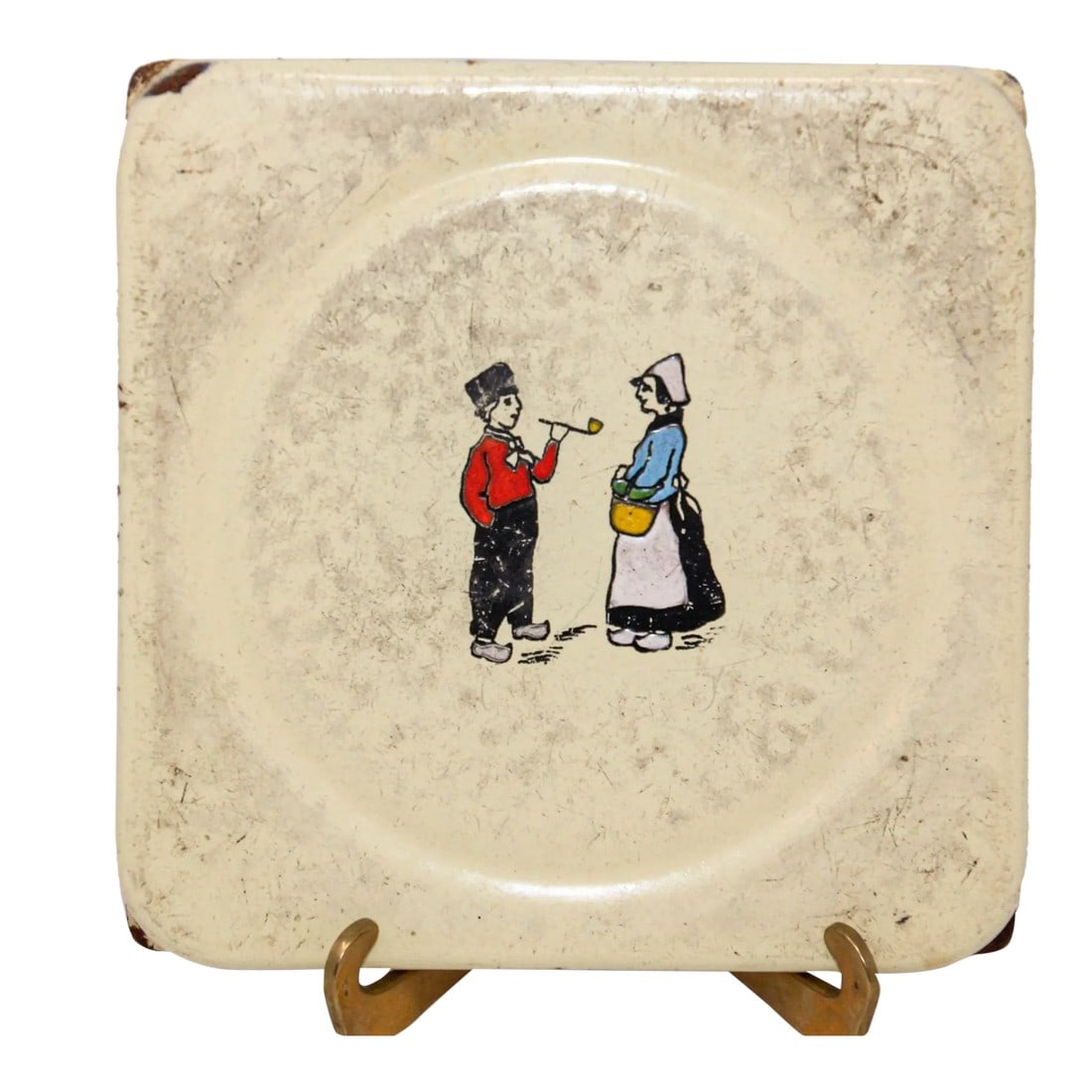 Antique Hand Painted Dutch Theme Enamelware Metal Trivet Collectible 1920's: Antique early 20th century Hand Painted Dutch Theme Enamelware Metal circa 1920's. Hand-painted decorative antique Dutch scene metalware hand made In North Europe, Netherlands, or Germany featuring a
