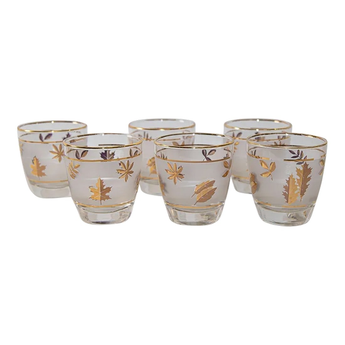 Vintage Libbey Frosted & Golden Foliage Cocktail Glasses, Set of 6: Vintage MCM Libbey Frosted & Golden Foliage Cocktail Glasses, Set of 6. Elegant vintage Libbey Golden Foliage barware frosted glasses with leaves pattern in a gold finish. Set includes 6 lowball