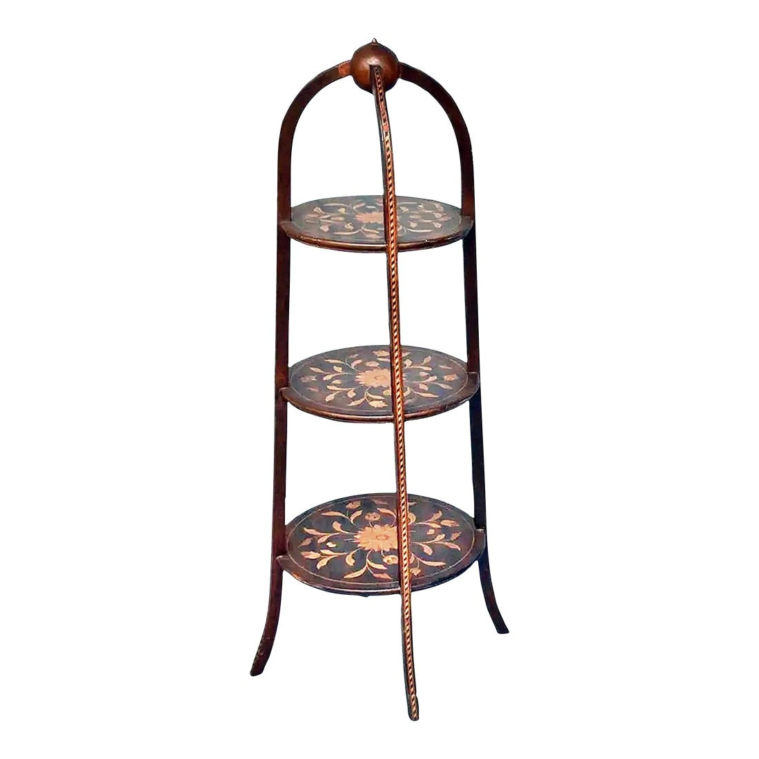 1900s Inlaid 3 Level Display Etagere' Shelf: Unusual round 3 legged, 3 shelf display etegere unit, parquetry and marquetry inlay throughout. C. 1900. Condition: Alterations: Original Condition Unaltered Imperfections: Some Imperfections Conditio