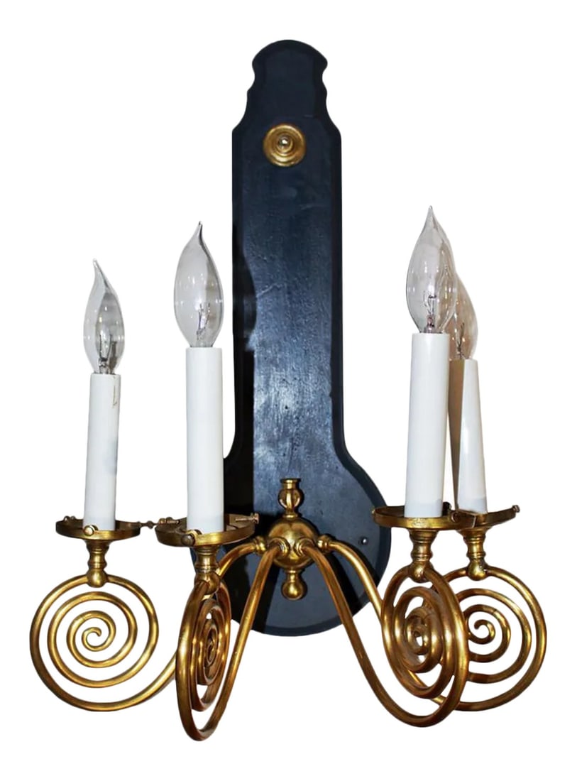 4-Arm Brass Swirl Sconce: English four-arm coiled brass converted gas-lamp sconce with a wood back plate, circa 1860-1870 freshly painted in Chalk PaintÂ® and a wax finish. Newly wired and in working condition;