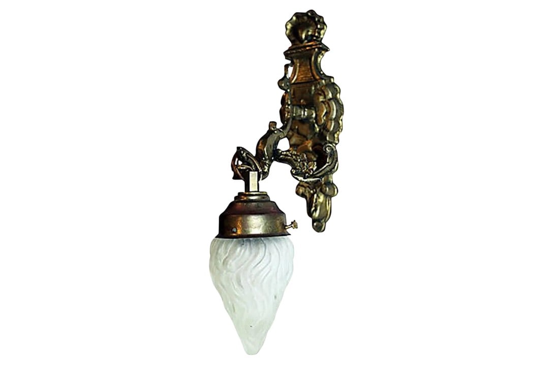French Bronze Sconce: Elegant antique French bronze hanging lamp sconce with a frosted flame shade (easily changed). Newly wired and polished, 3rd thumbscrew to be included, globe easily changed to taste. Condition: