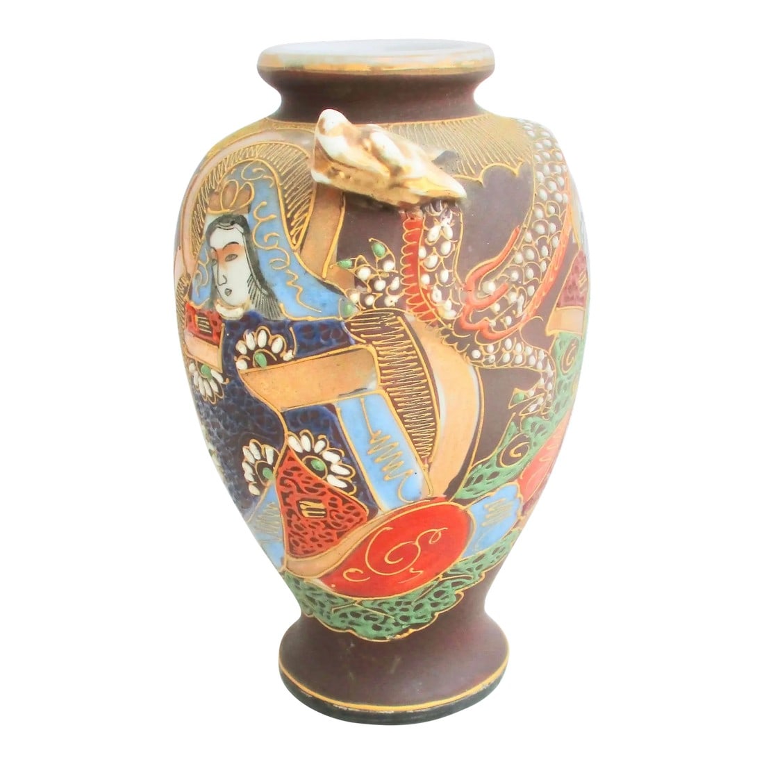 Satsuma Porcelain Vase Circa 1950s: Satsuma porcelain vase with raised designs of the dragon with a three-dimensional head on the side, moving over a figure of Kuan Yin, followed by a robed sage. The whole vase is covered by beads and