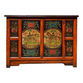 Chinese Orange Tibetan Elephant Horse Sideboard Console Table Cabinet
