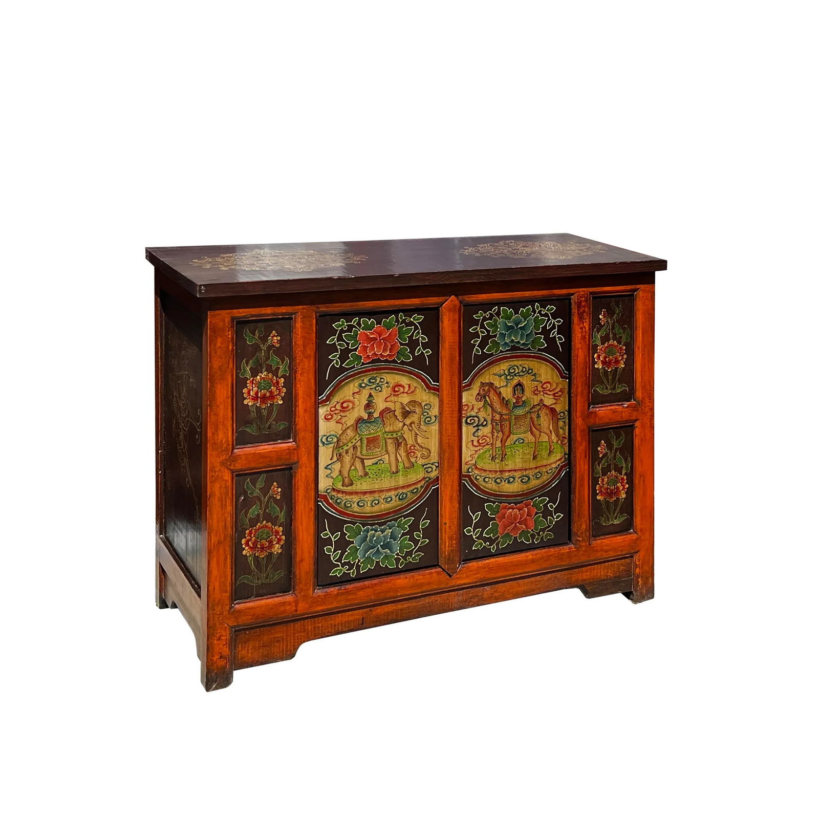 Chinese Orange Tibetan Elephant Horse Sideboard Console Table Cabinet - 3