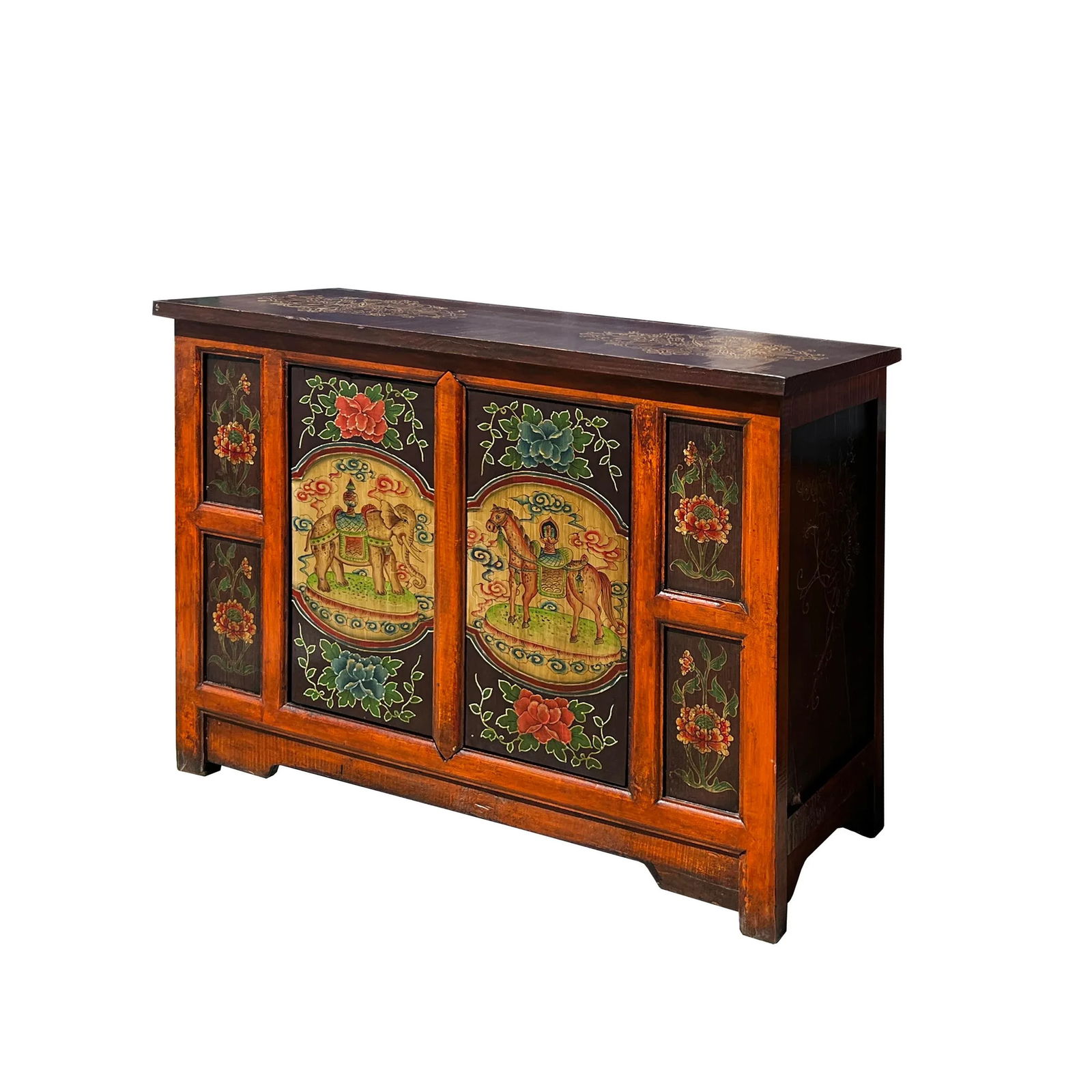 Chinese Orange Tibetan Elephant Horse Sideboard Console Table Cabinet - 4