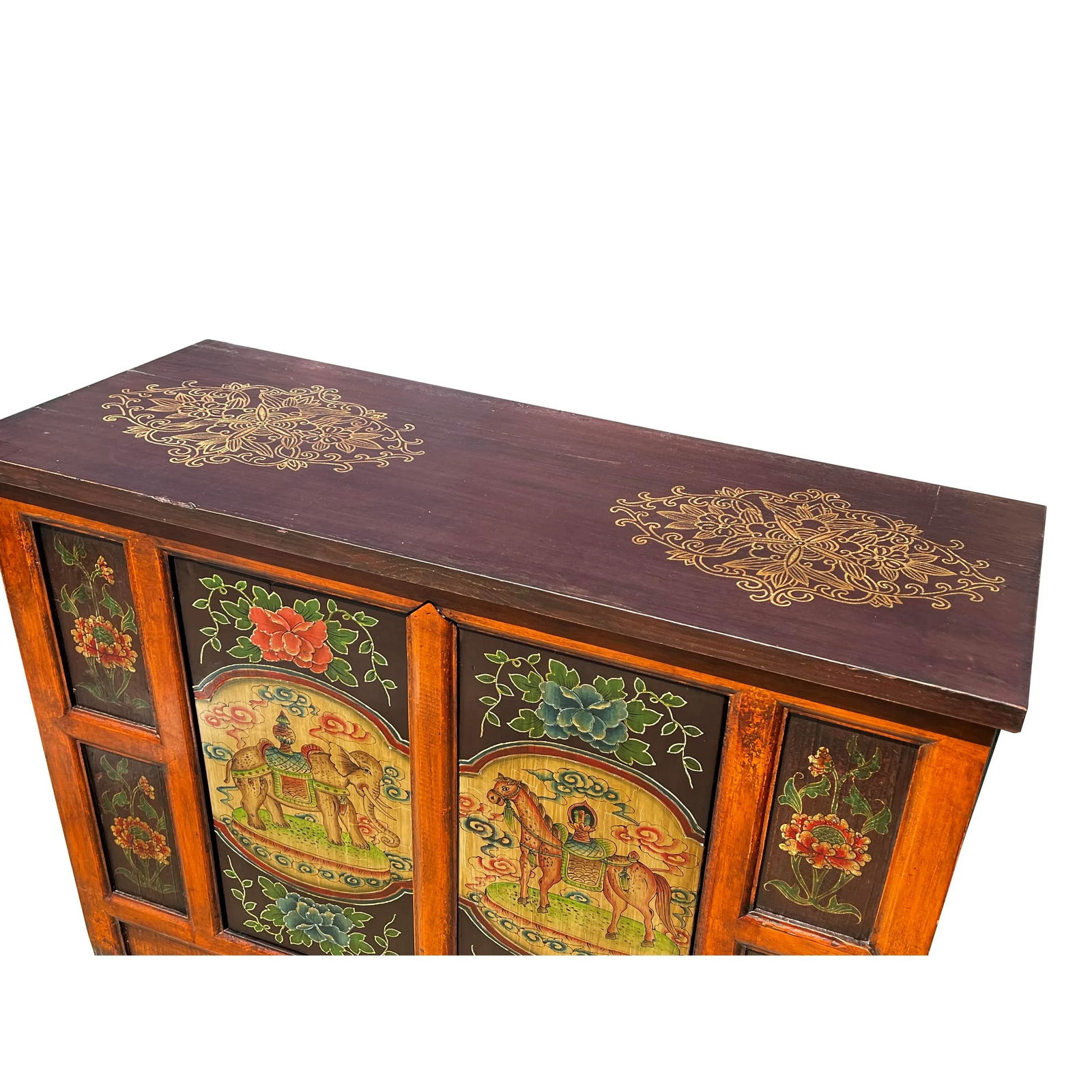Chinese Orange Tibetan Elephant Horse Sideboard Console Table Cabinet - 5