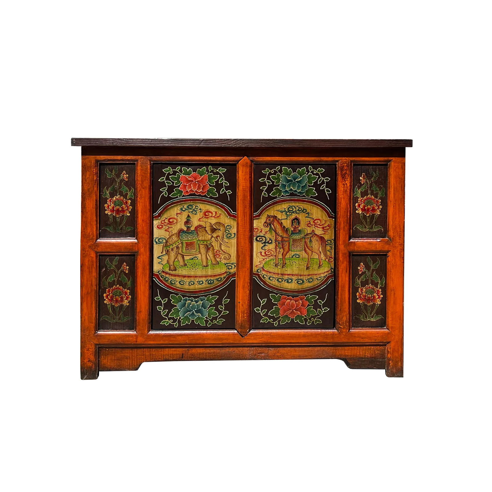 Chinese Orange Tibetan Elephant Horse Sideboard Console Table Cabinet - 6