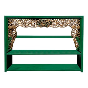 Chinese Green Golden Carving Rectangular Curio Display Stand Side Table
