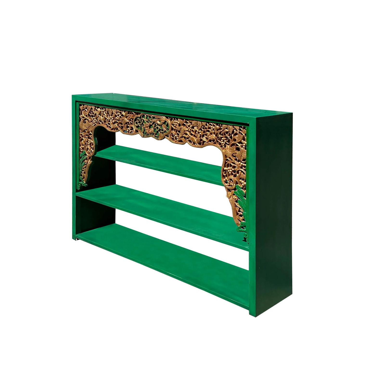 Chinese Green Golden Carving Rectangular Curio Display Stand Side Table - 2