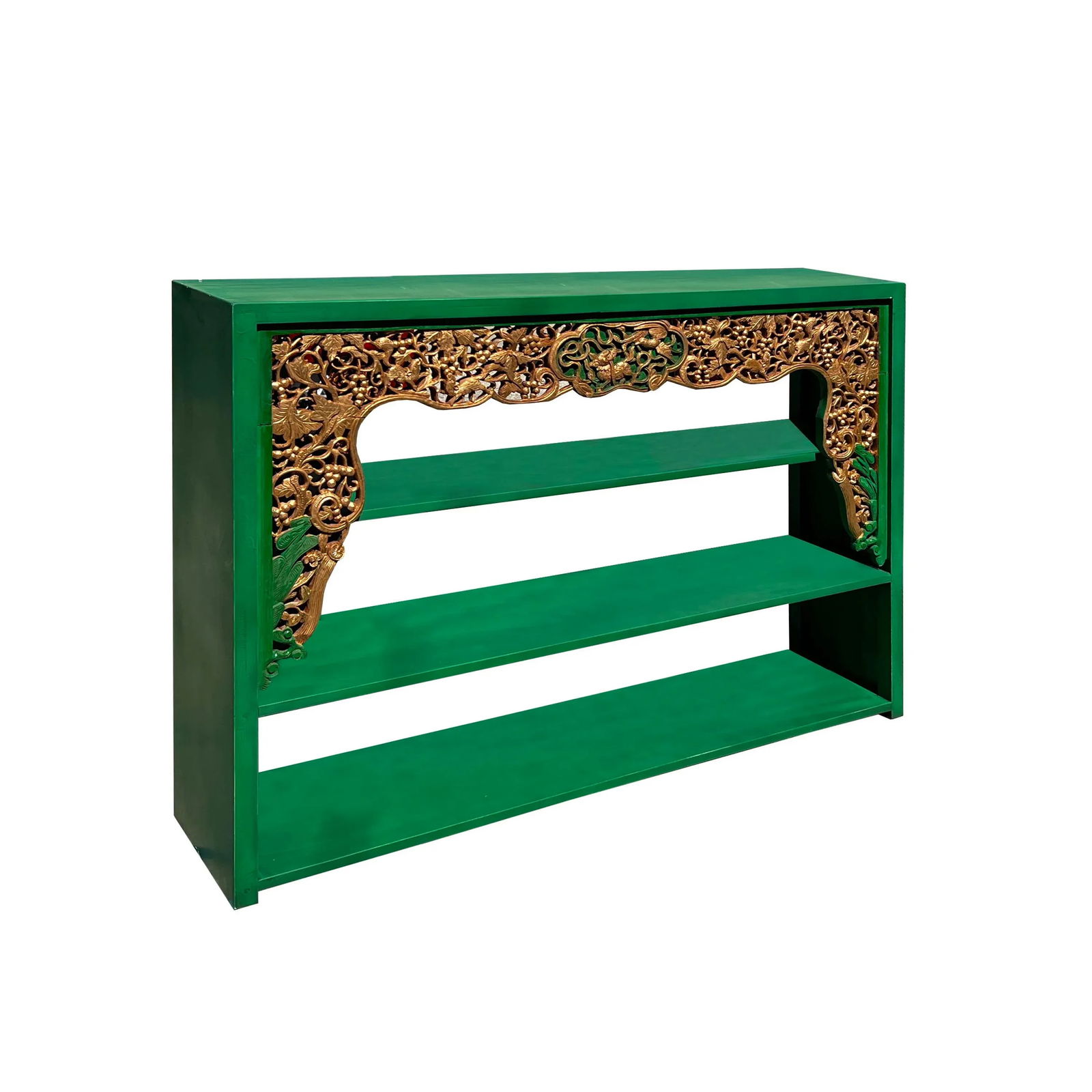 Chinese Green Golden Carving Rectangular Curio Display Stand Side Table - 3