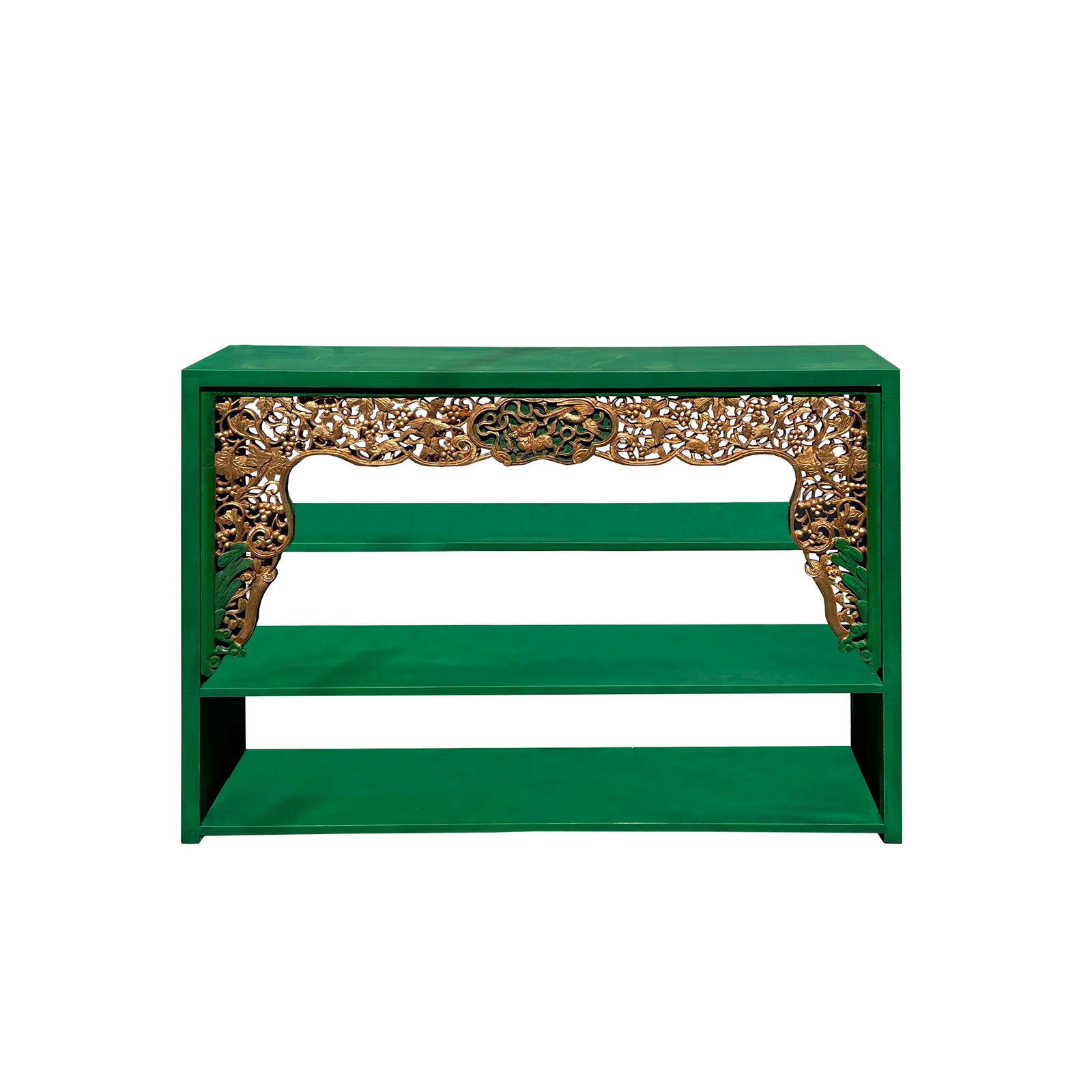 Chinese Green Golden Carving Rectangular Curio Display Stand Side Table - 4