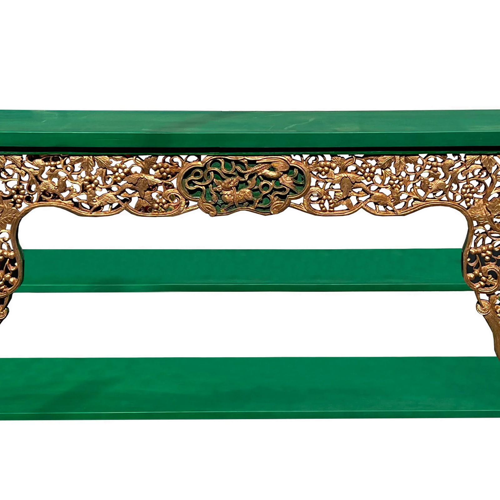 Chinese Green Golden Carving Rectangular Curio Display Stand Side Table - 5
