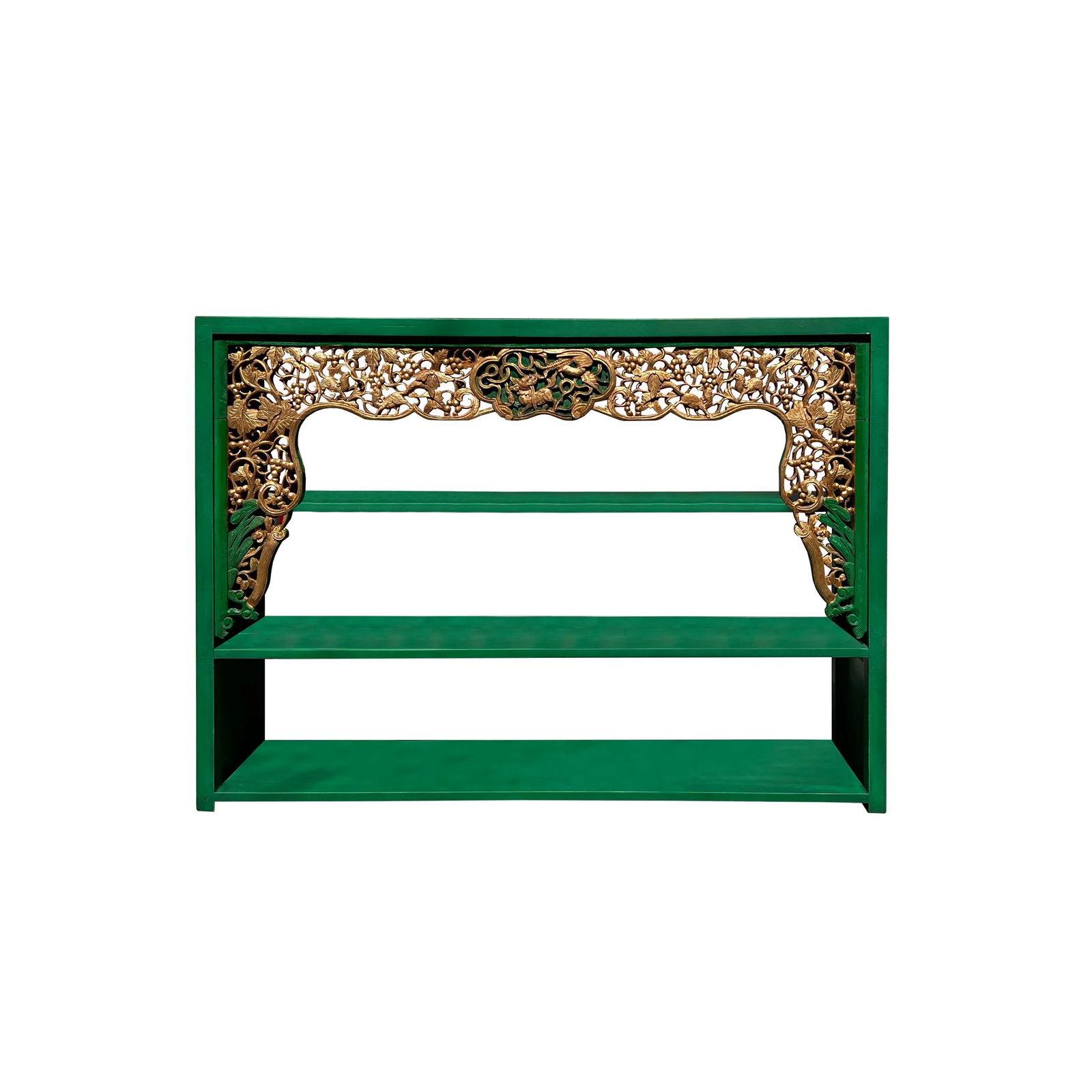 Chinese Green Golden Carving Rectangular Curio Display Stand Side Table - 6