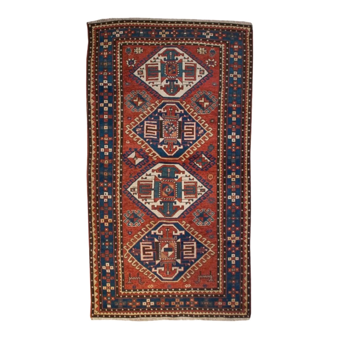19th Century Geometric Medallion Kazak Rug: A late 19th century Kazak rug with four wonderful diamond medallions on a crimson field of flowers with goats, surrounded by multiple complementary geometric borders. 42 in. W x 78 in. L 
