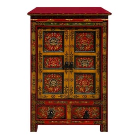 Tibetan Orange Yellow Jewel Floral Tall End Table Nightstand Cabinet