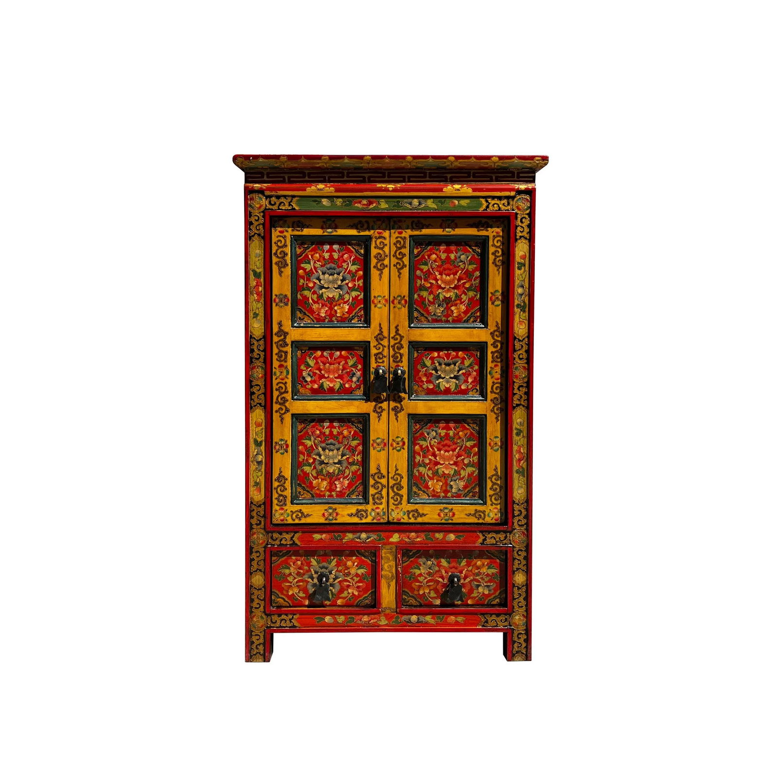 Tibetan Orange Yellow Jewel Floral Tall End Table Nightstand Cabinet - 3