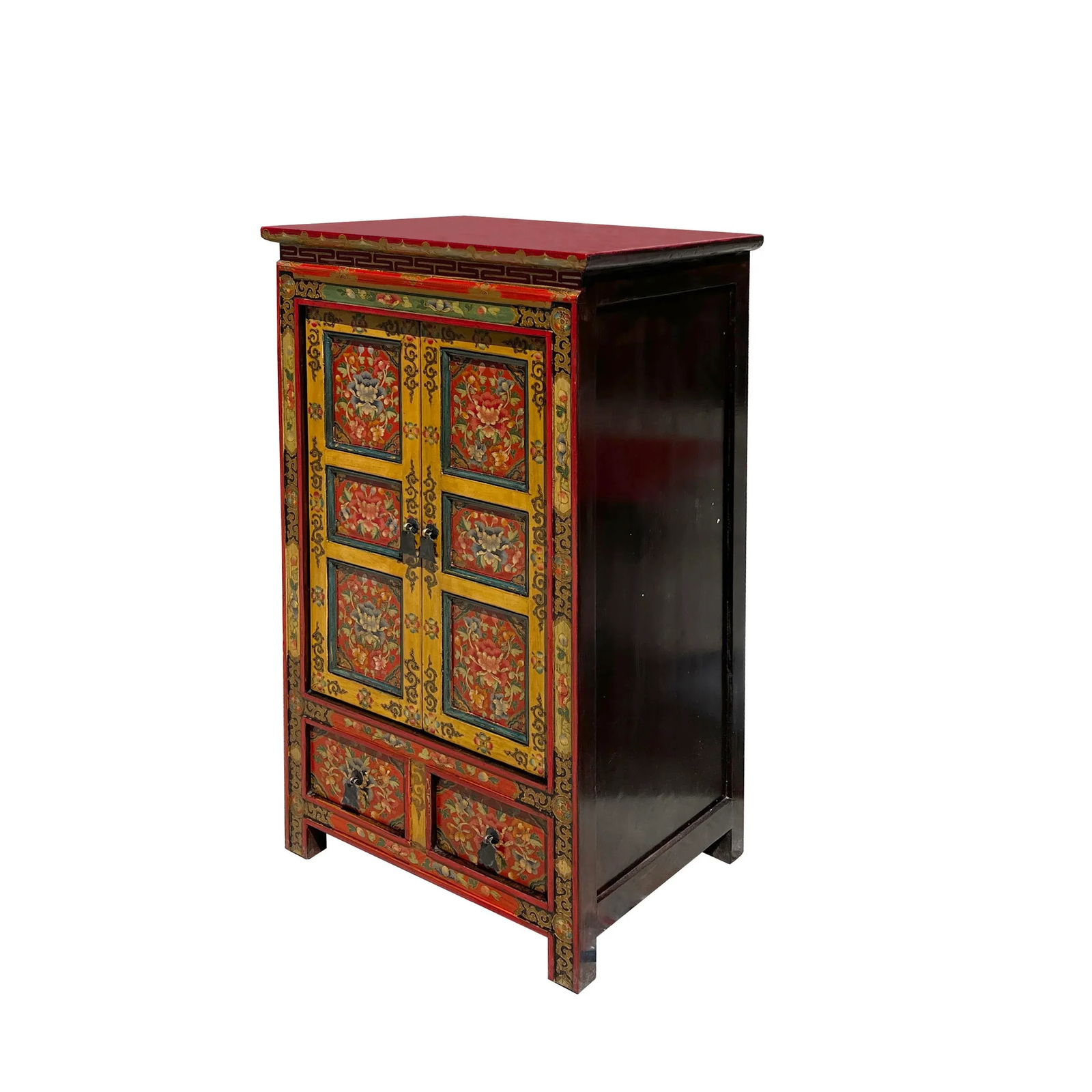 Tibetan Orange Yellow Jewel Floral Tall End Table Nightstand Cabinet - 4