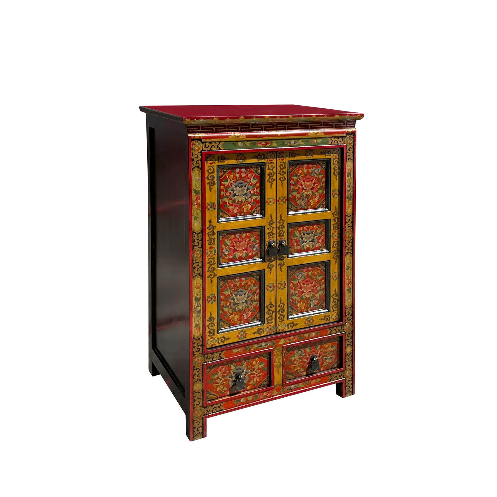 Tibetan Orange Yellow Jewel Floral Tall End Table Nightstand Cabinet - 5