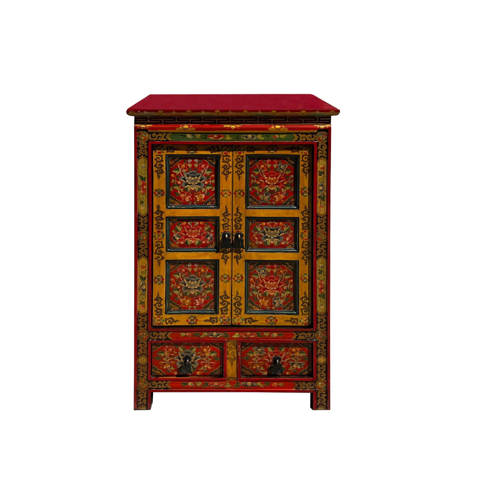 Tibetan Orange Yellow Jewel Floral Tall End Table Nightstand Cabinet - 6